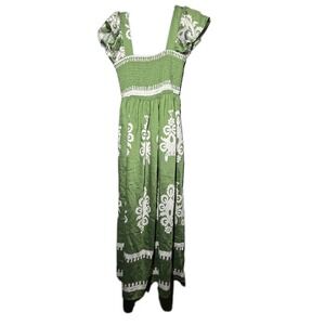 Penelope Rose  Smocked Maxi Dress Size Small Green And White Boho Sundress Beach